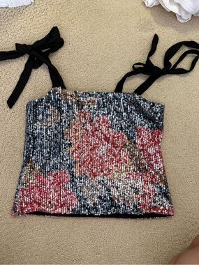 Free People Sequin Floral Tie-Shoulder Cami - Black, Red